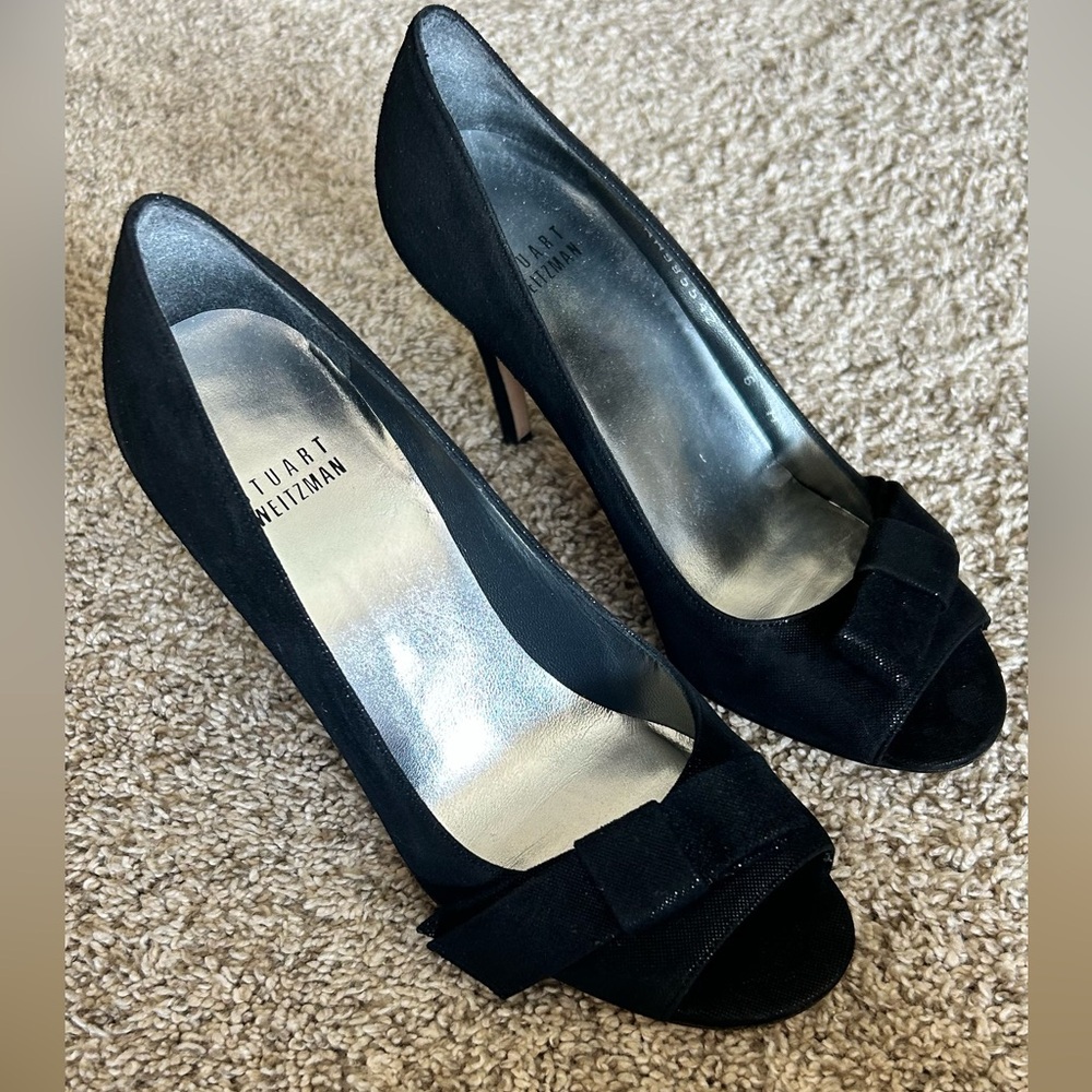 Stuart Weitzman Vampy Coquette Bowover Black Sparkle‎ Peep Toe SZ 6